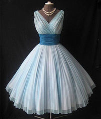 Cute retro v neck blue short prom dress, bridesmaid dress - RongMoon