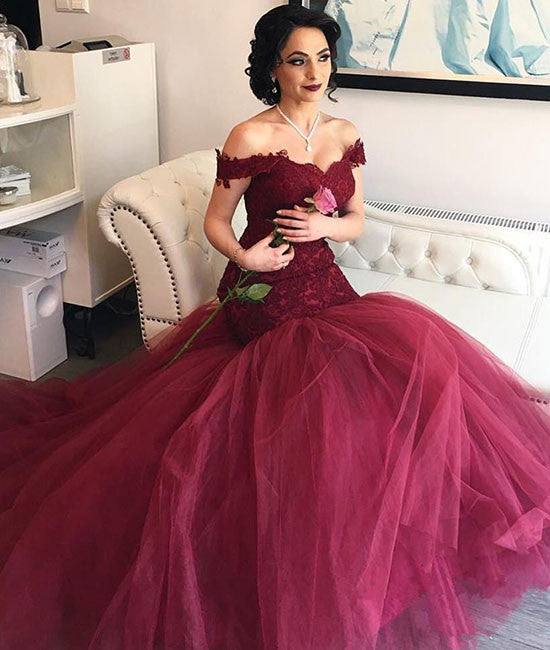 Burgundy tulle sweetheart neck lace long prom dress, evening dress - RongMoon