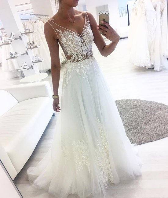 White v neck tulle lace long prom dress, white tulle evening dress - RongMoon