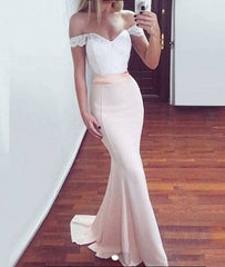 white off shoulder lace mermaid long prom dress, bridesmaid dress - RongMoon