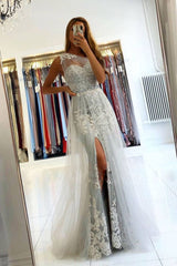 Gray one shoulder lace tulle long prom dress gray evening dress - RongMoon