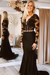 Black Trumpet Mermaid Long Sleeves Prom Dress