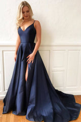 Dark blue satin long prom dress, blue evening dress - RongMoon
