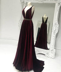 Burgundy v neck long prom dress, burgundy evening dress - RongMoon