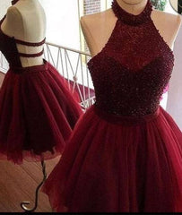 Burgundy tulle sequin short prom dress, cute homecoming dress - RongMoon