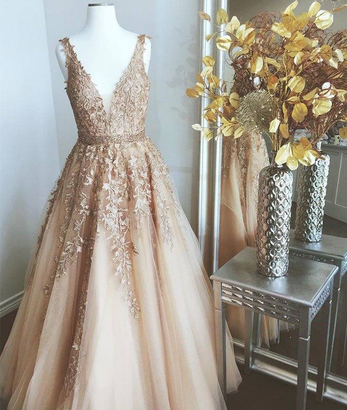 Champagne v neck tulle lace long prom dress, champagne evening dress - RongMoon