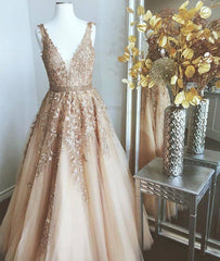 Champagne v neck tulle lace long prom dress, champagne evening dress - RongMoon