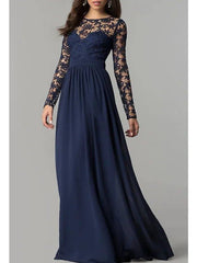 Sheath / Column Mother of the Bride Dress Elegant Jewel Neck Floor Length Chiffon Lace Long Sleeve with Appliques Ruching - RongMoon