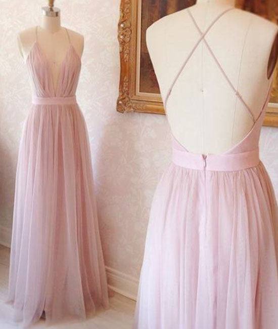 Pink v neck tulle long prom dress, evening dress - RongMoon