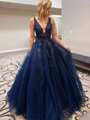 Dark blue v neck lace applique long prom dress lace evening dress - RongMoon