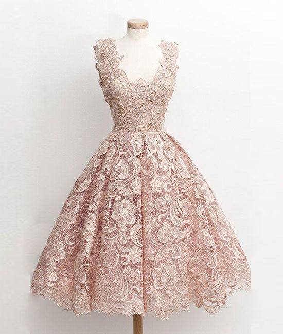 Cute light pink lace short prom dress, lace bridesmaid dress - RongMoon