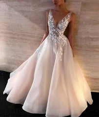 White v neck lace long prom dress, white lace evening dress - RongMoon