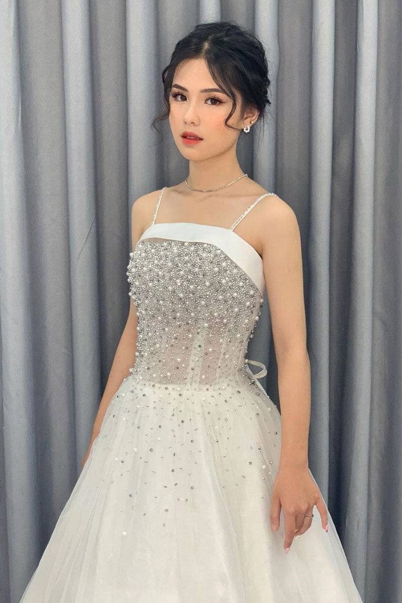 Cute tulle beads long prom dress, tulle evening dress - RongMoon