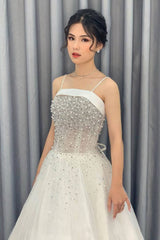 Cute tulle beads long prom dress, tulle evening dress - RongMoon