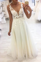 Unique v neck lace applique long prom dress tulle formal dress - RongMoon