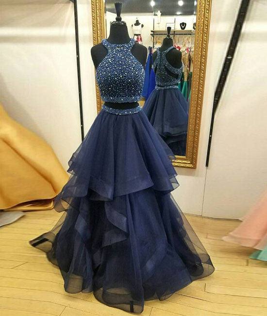 Dark blue two pieces beads long prom dress, formal dress - RongMoon