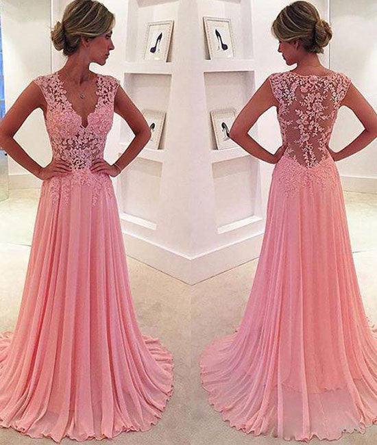 A-line v neck pink chiffon lace long prom dress, pink evening dress - RongMoon