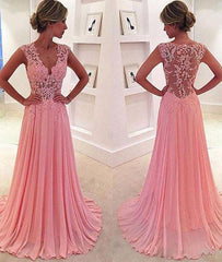A-line v neck pink chiffon lace long prom dress, pink evening dress - RongMoon