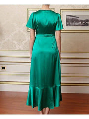 A-Line Mother of the Bride Dress Elegant V Neck Asymmetrical Tea Length Chiffon Short Sleeve with Ruffles Split Front - RongMoon