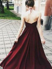 A-Line/Princess Halter Sleeveless Floor-Length Applique Elastic Woven Satin Dresses - RongMoon