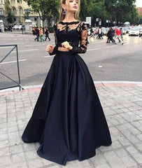 Black two pieces lace long prom dress for teens, black evening dress - RongMoon