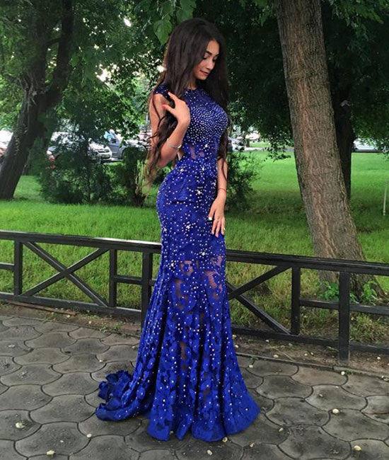 Unique Royal blue lace mermaid long prom dress, evening dress - RongMoon