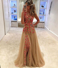 Champagne tulle applique long prom dress, evening dress for teens - RongMoon