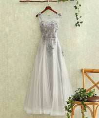 Gray round neck tulle lace long prom dress, gray evening dress - RongMoon