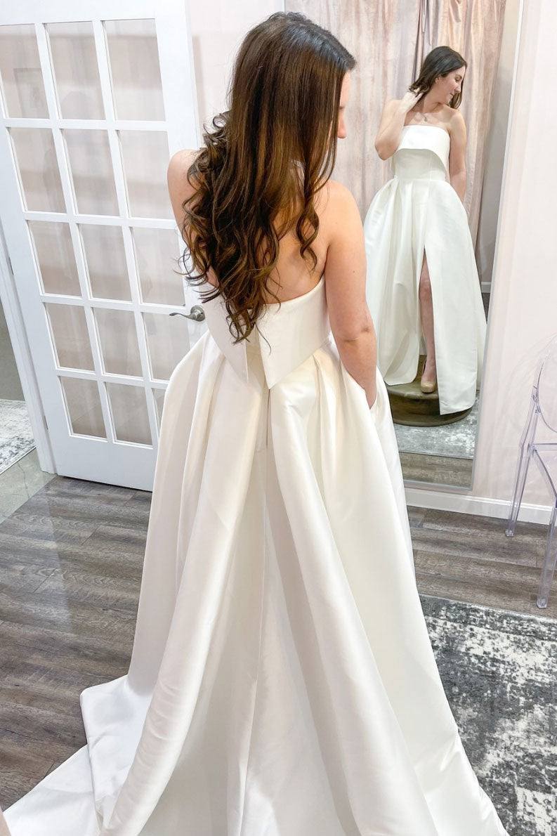 White satin long prom dress white satin evening dress - RongMoon