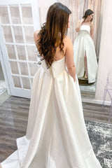 White satin long prom dress white satin evening dress - RongMoon