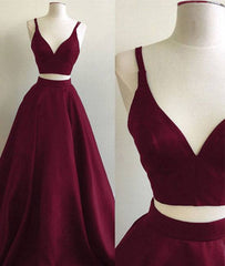 Simple two pieces burgundy long prom dress, burgundy evening dress - RongMoon