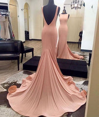 Simple backless mermaid pink prom dress for teens, pink evening dress - RongMoon