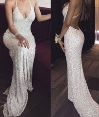 White backless sequin mermaid long prom dress, white evening dress - RongMoon