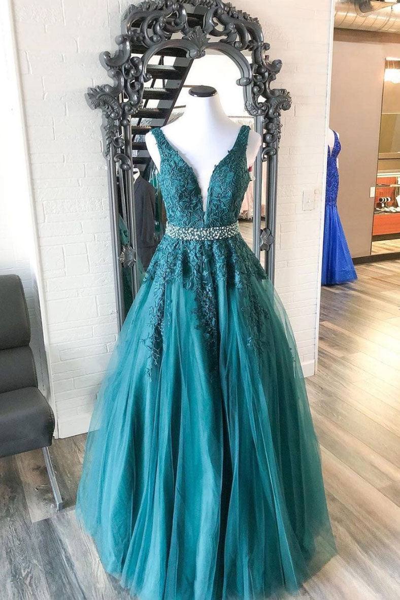 Green v neck tulle lace long prom dress, green formal dress - RongMoon