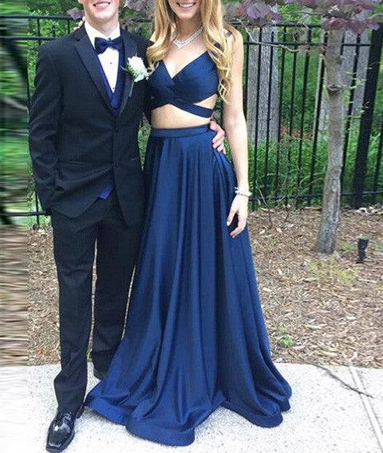 Dark blue v neck two pieces long prom dress, evening dress - RongMoon