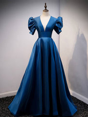 Blue v neck satin long prom dress blue satin evening dress - RongMoon