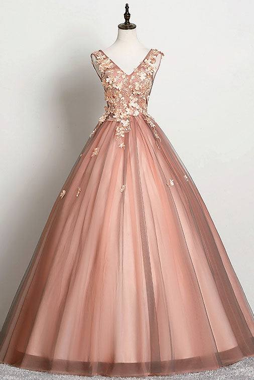 Pink v neck tulle lace long prom dress pink tulle formal dress - RongMoon