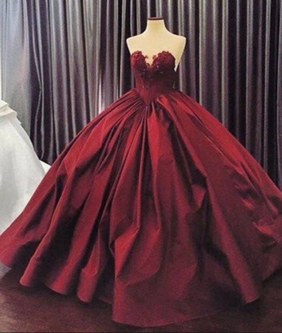 Sweetheart neck burgundy long prom gown, burgundy evening gown - RongMoon