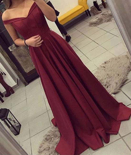 Burgundy off shoulder long prom dress, burgundy evening dress - RongMoon