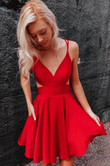 Red v neck satin short prom dress red homecoming dress - RongMoon