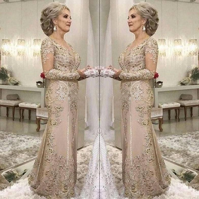 Plus Size Mother Of The Bride Dresses Mermaid V-neck Long Sleeves Tulle Appliques - RongMoon