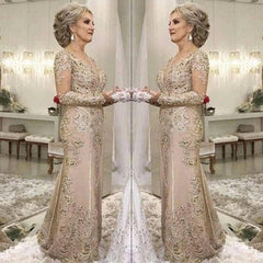 Plus Size Mother Of The Bride Dresses Mermaid V-neck Long Sleeves Tulle Appliques - RongMoon