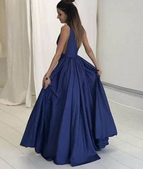 Simple v neck dark blue long prom dress, evening dress - RongMoon