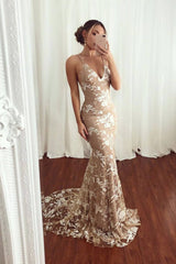 Champagne lace mermaid long prom dress, champagne long evening dress - RongMoon