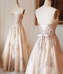 champagne sweetheart lace applique long prom dress, champagne evening dress - RongMoon