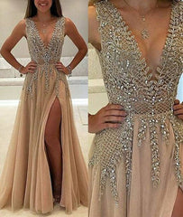 Unique v neck beaded long prom dress, champagne evening dress - RongMoon