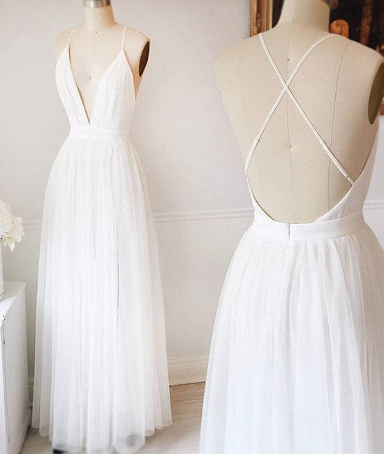 Simple white v neck tulle long prom dress, white evening dress - RongMoon