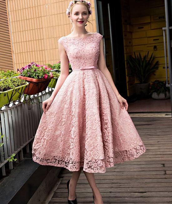 Pink round neck lace short prom dress,lace bridesmaid dress - RongMoon