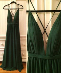 Simple v neck green long prom dress, green evening dress - RongMoon