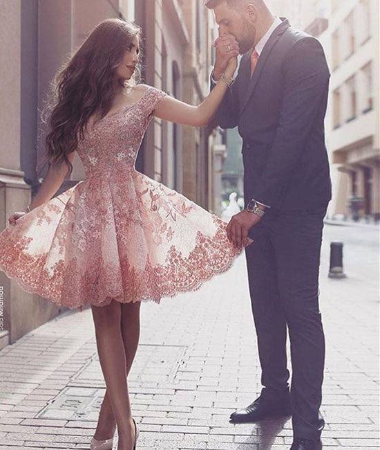 Pink off shoulder lace short prom dress, cute homecoming dress - RongMoon